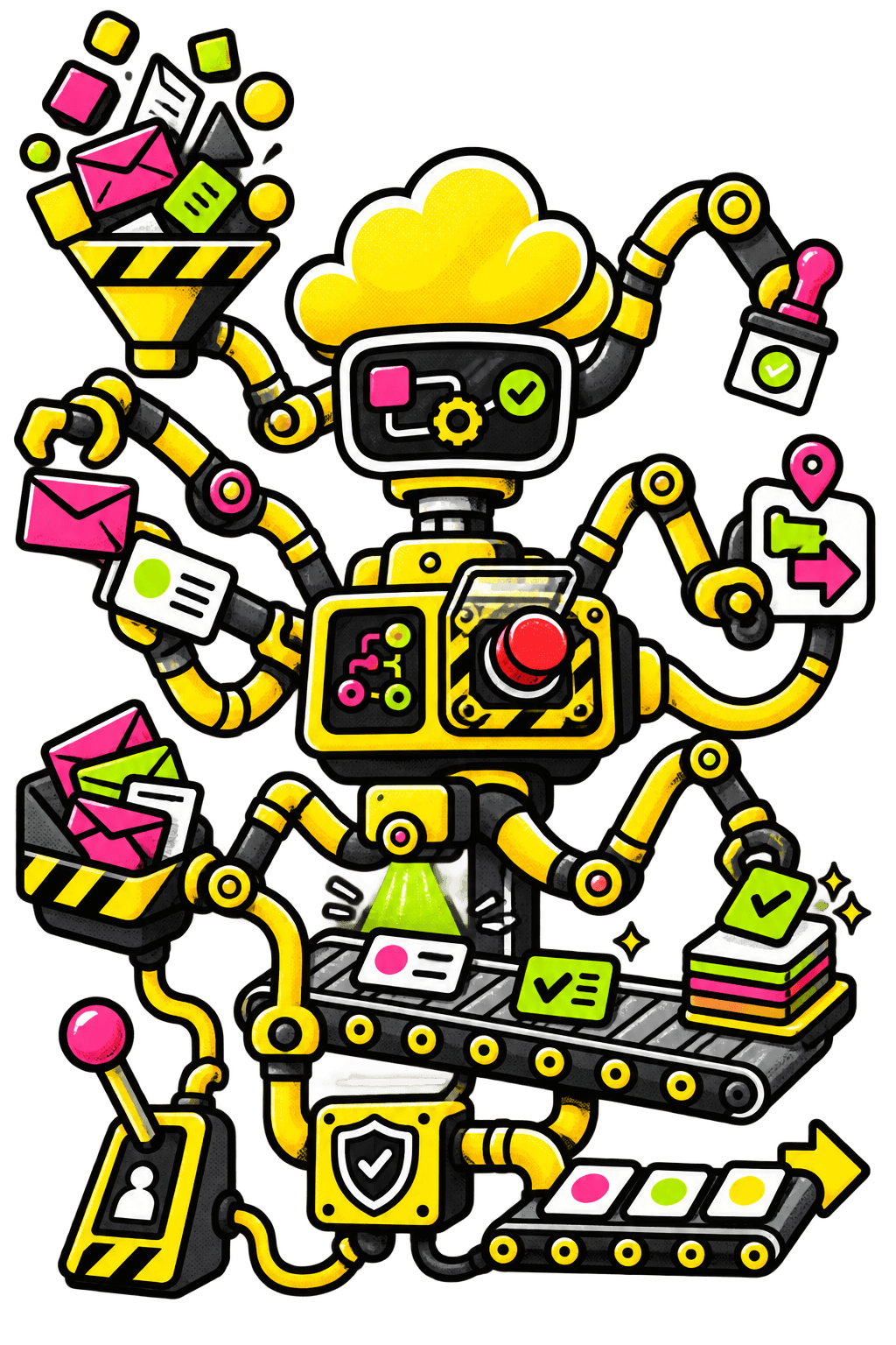 A playful multi-armed automation machine sorting messages, approvals, and business tasks