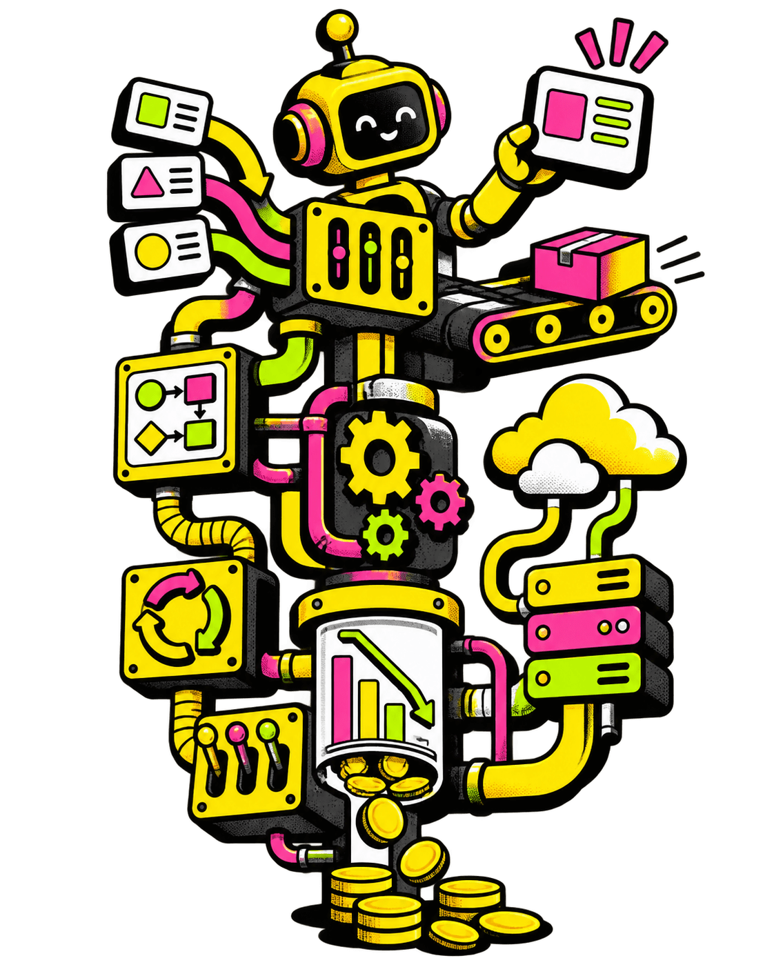 A playful AI systems machine connecting agents, business automation, data, and production software