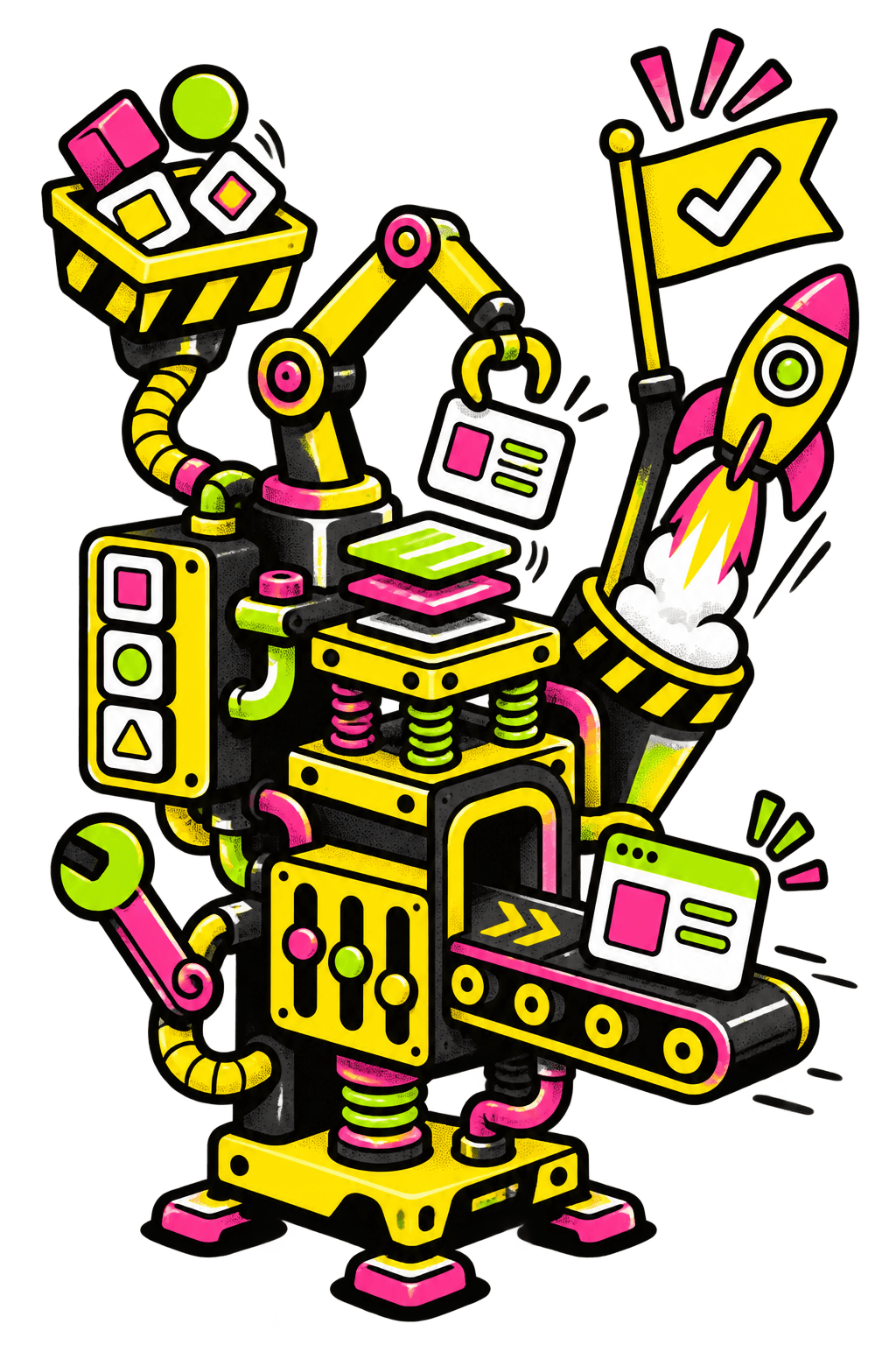 A colourful product-building machine rapidly assembling and launching a working MVP