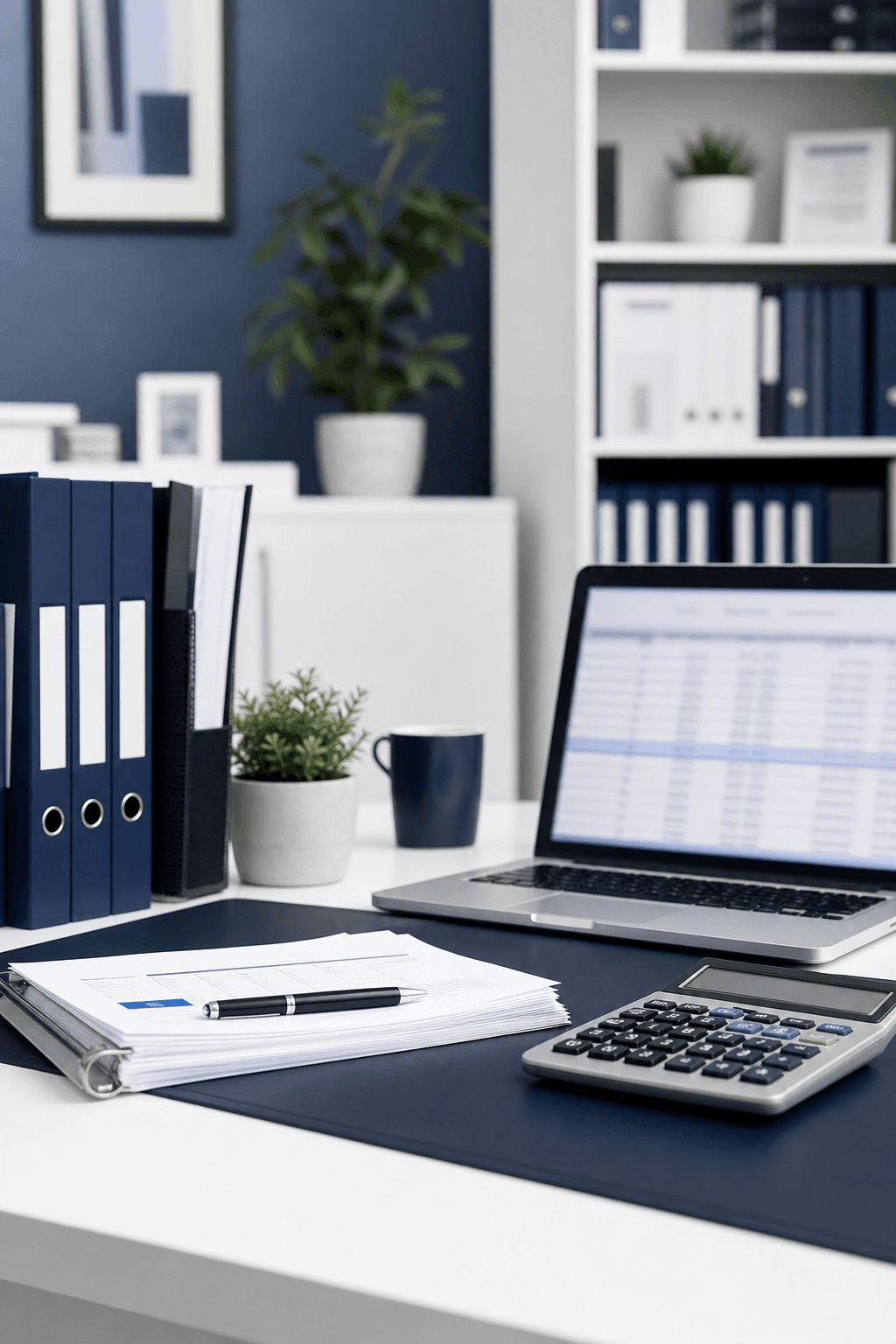 Clean modern accountancy office workspace with organized files and laptop