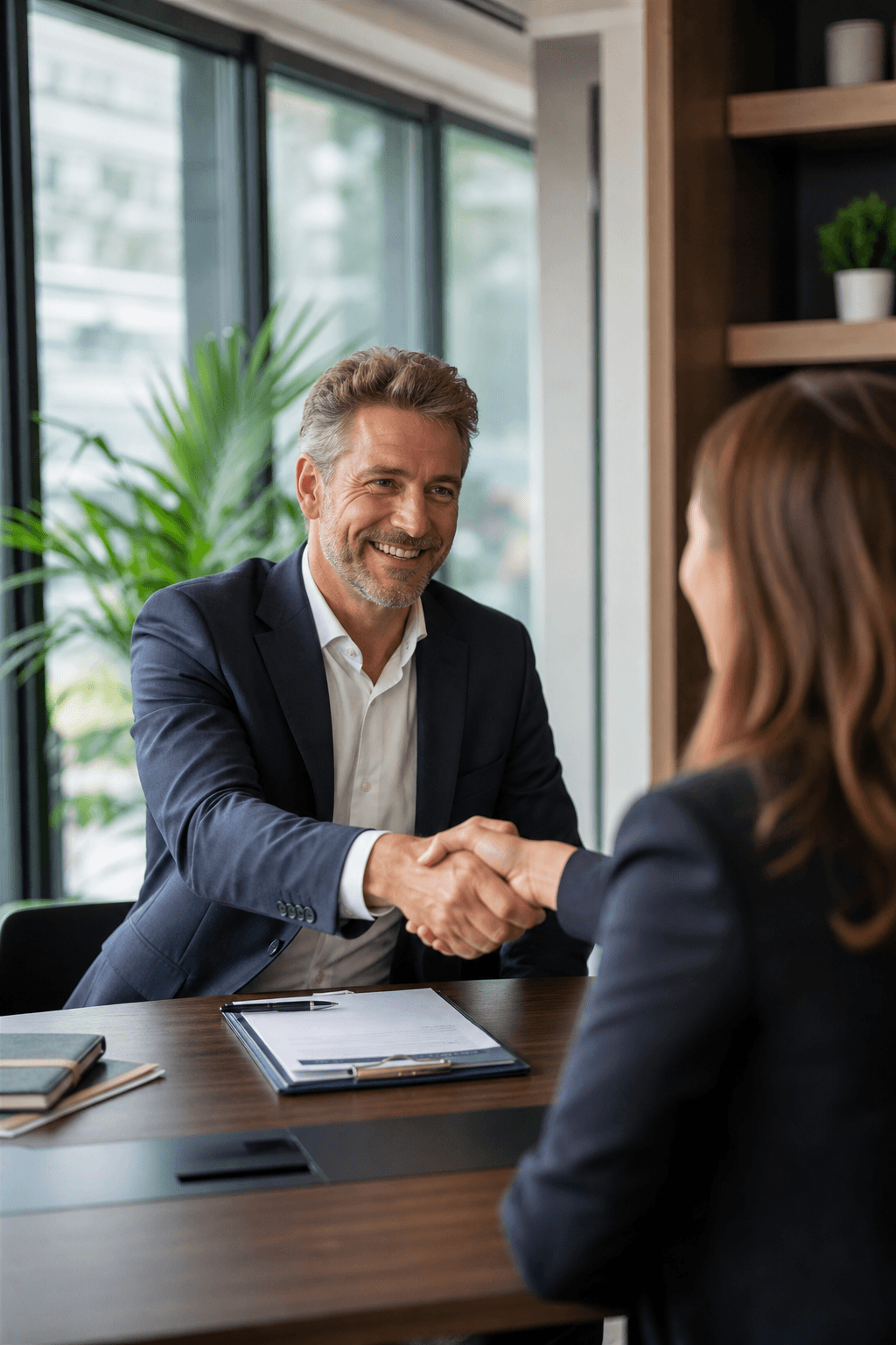 Small business owner meeting with financial advisor in a modern office