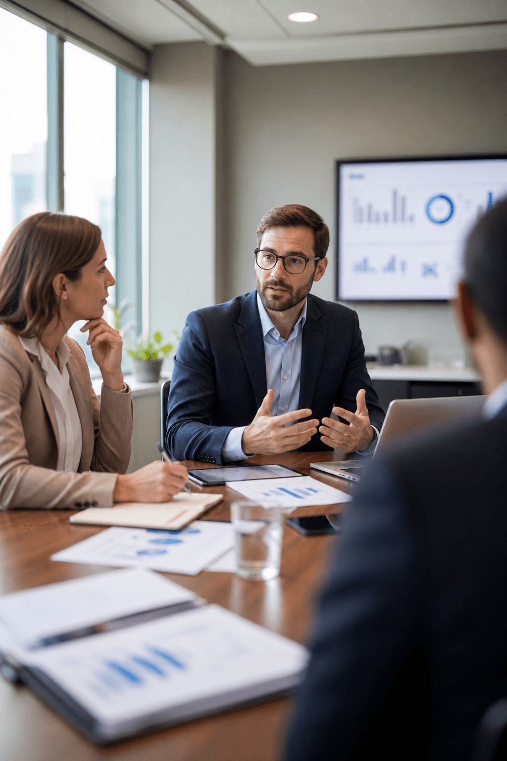 Professional business tax planning meeting in a bright conference room