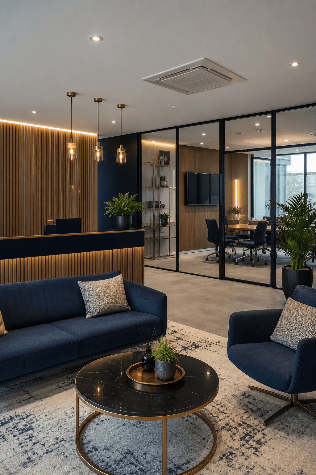 Modern accountancy firm reception and meeting area with navy and gold accents