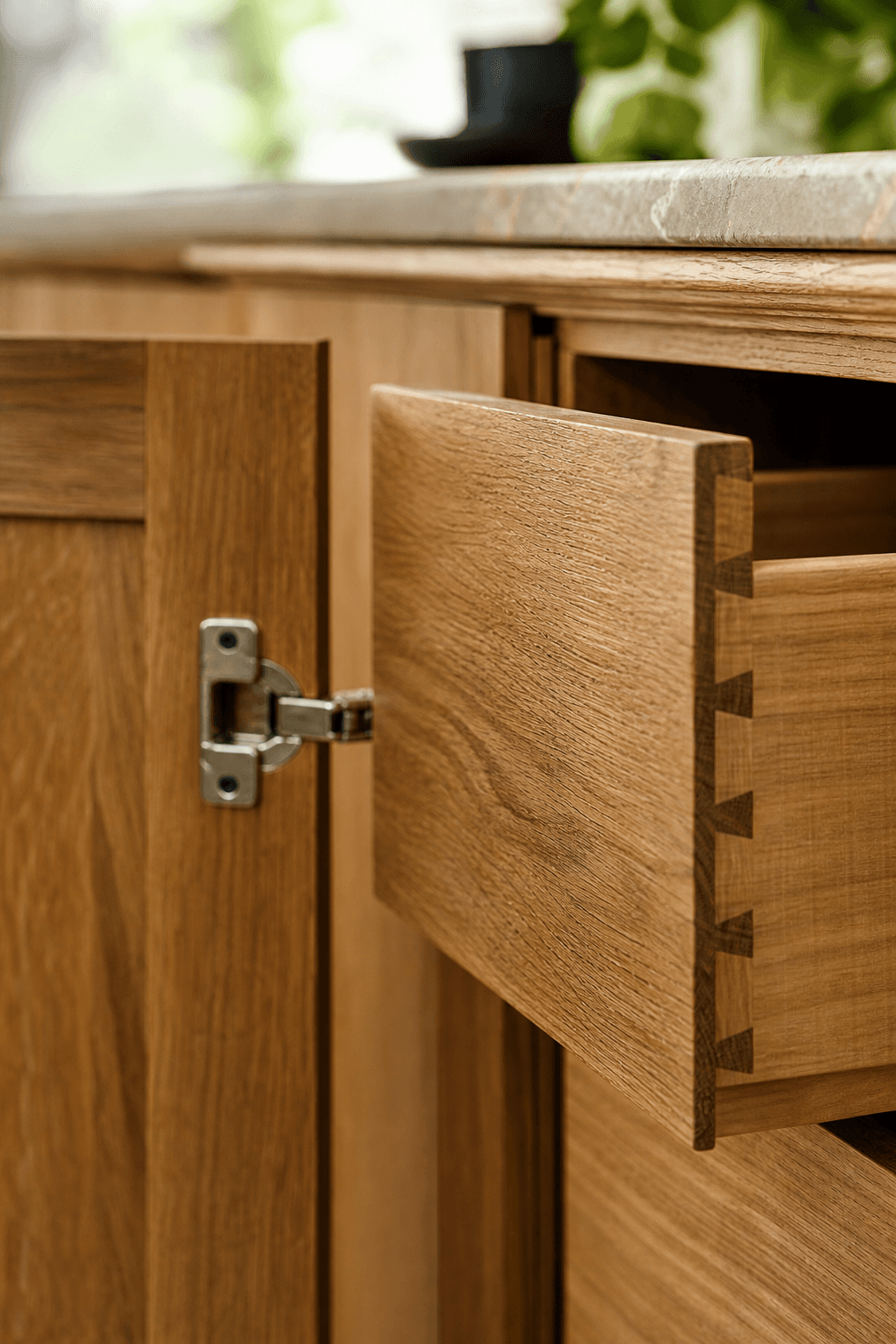 Close-up of premium bespoke kitchen joinery and oak grain detail