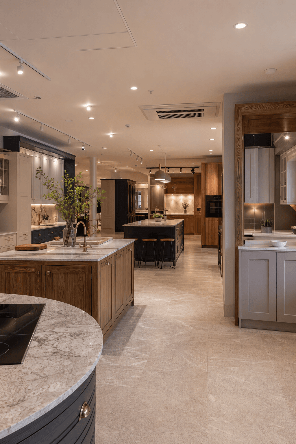 Elegant kitchen design showroom with multiple fitted kitchen displays