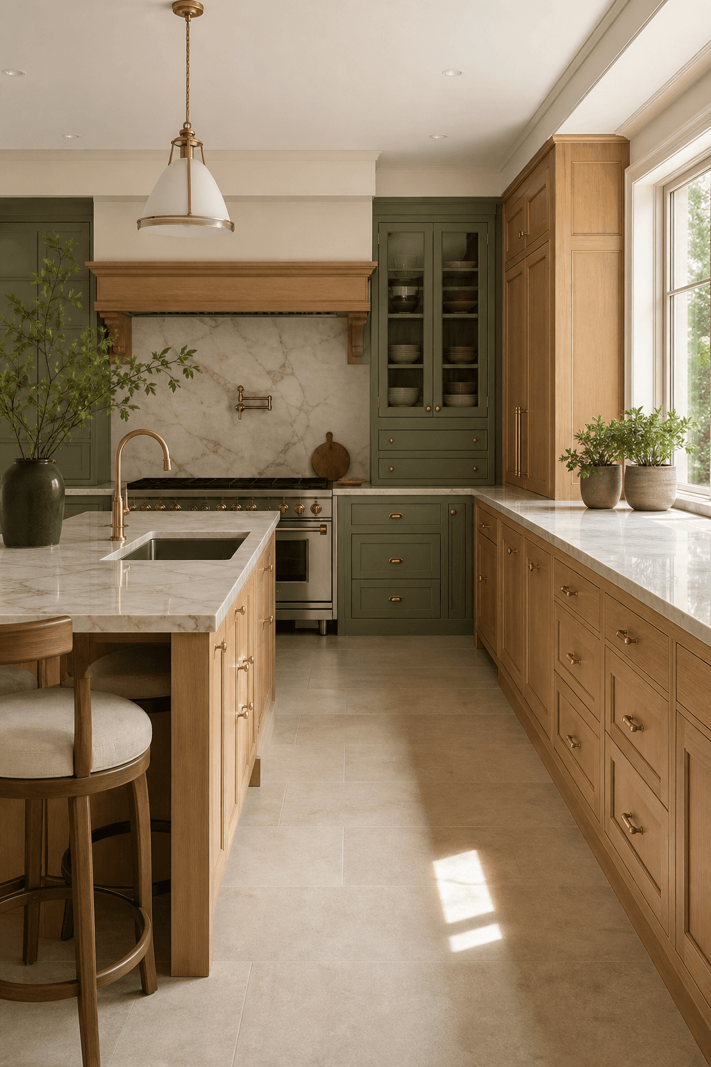 Luxury bespoke kitchen with custom oak cabinetry and marble worktop