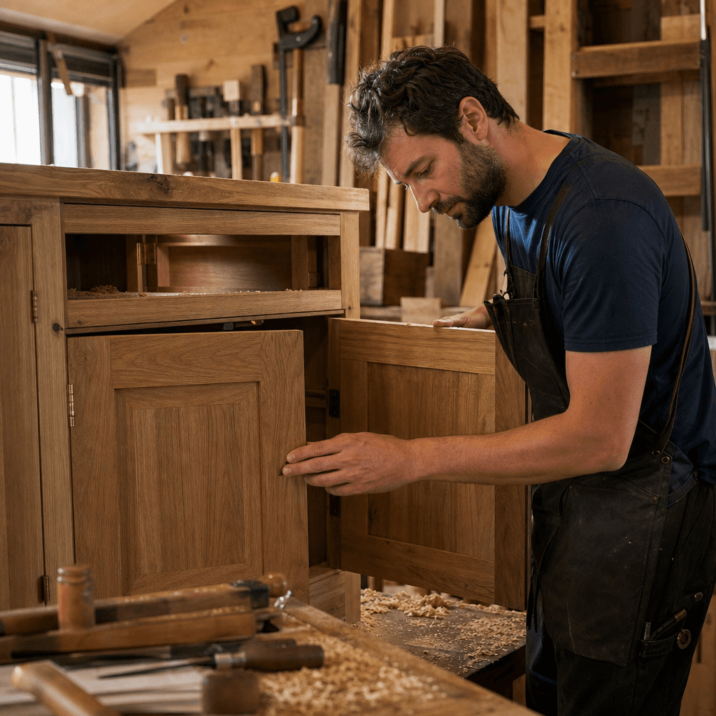 Craftsman fitting a custom kitchen cabinet door in the Oak and Grain workshop