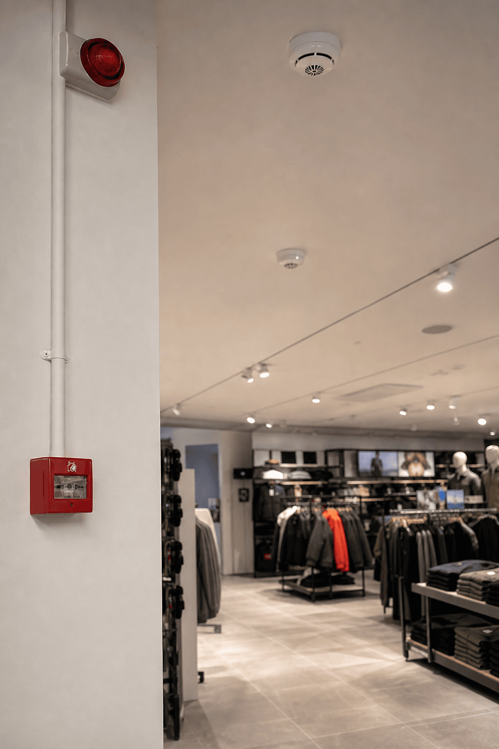 Commercial fire alarm call points and ceiling detectors in a UK retail unit