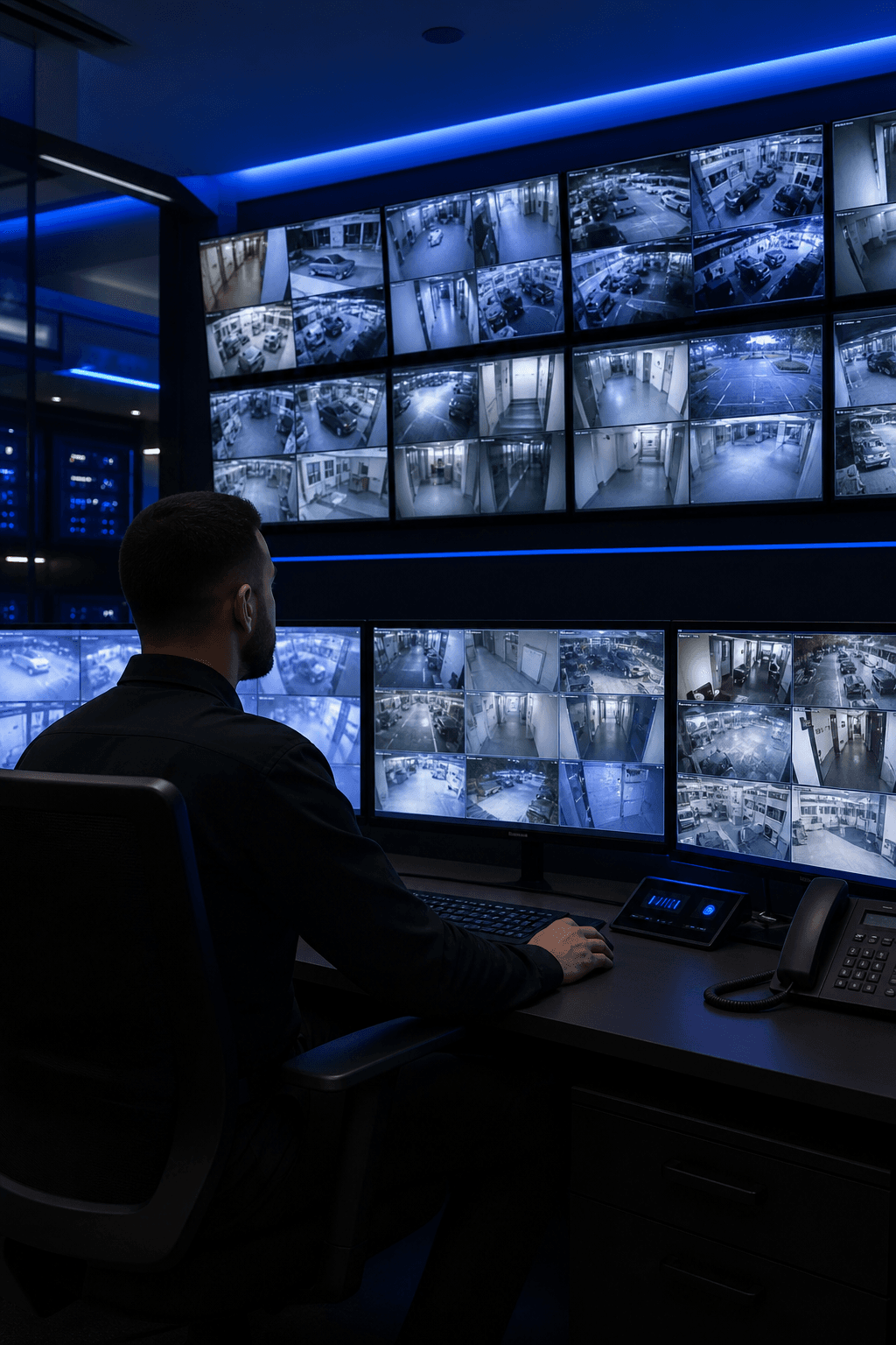 Professional security monitoring station with multiple camera feed screens