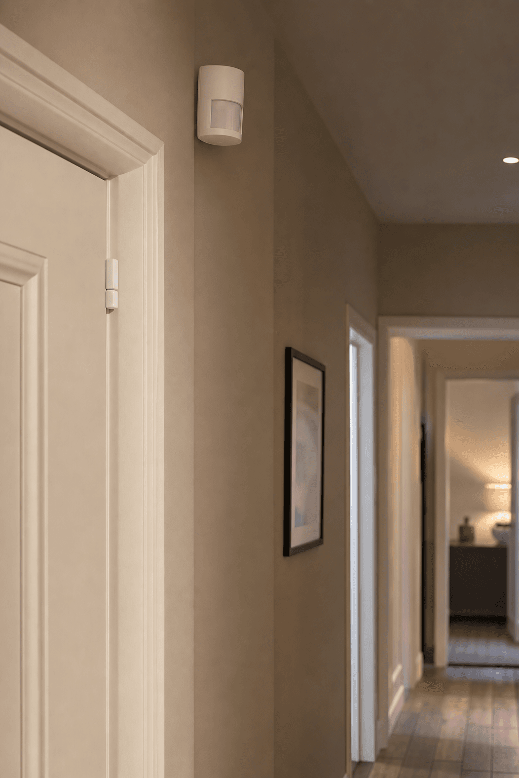 Residential intruder alarm with PIR sensor and door contact in a hallway