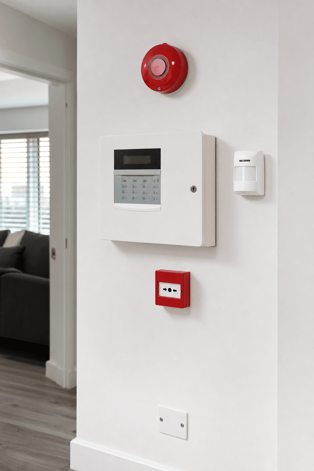 Fire and intruder alarm control panel professionally installed on a wall