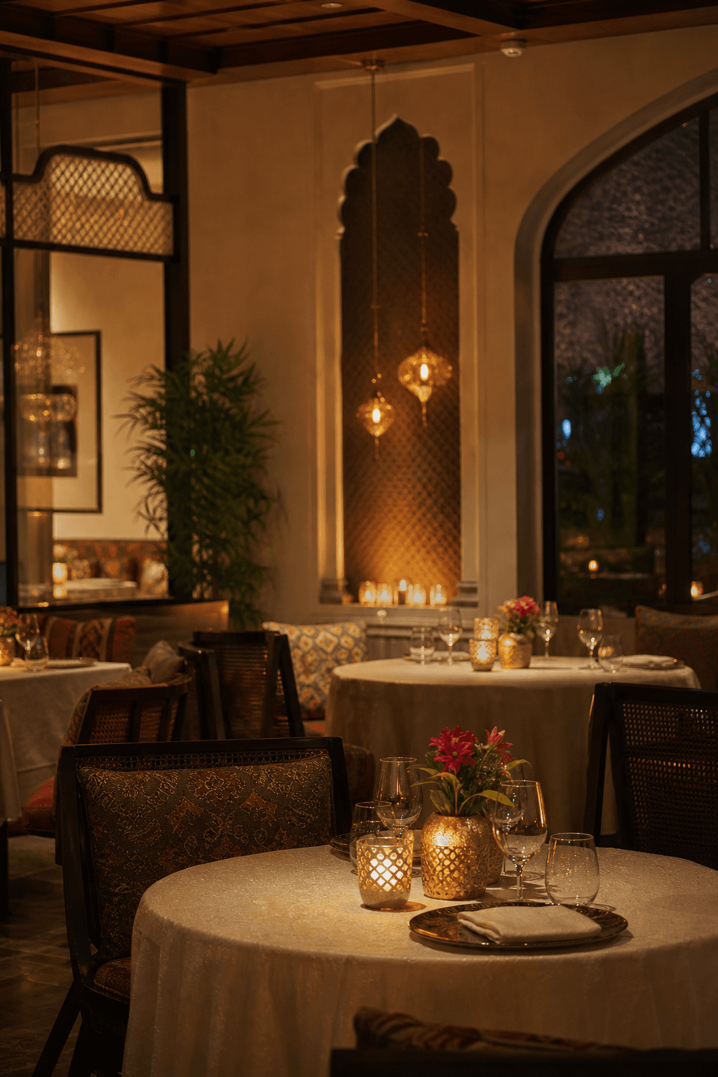 Elegant candlelit dining room with warm cream table settings