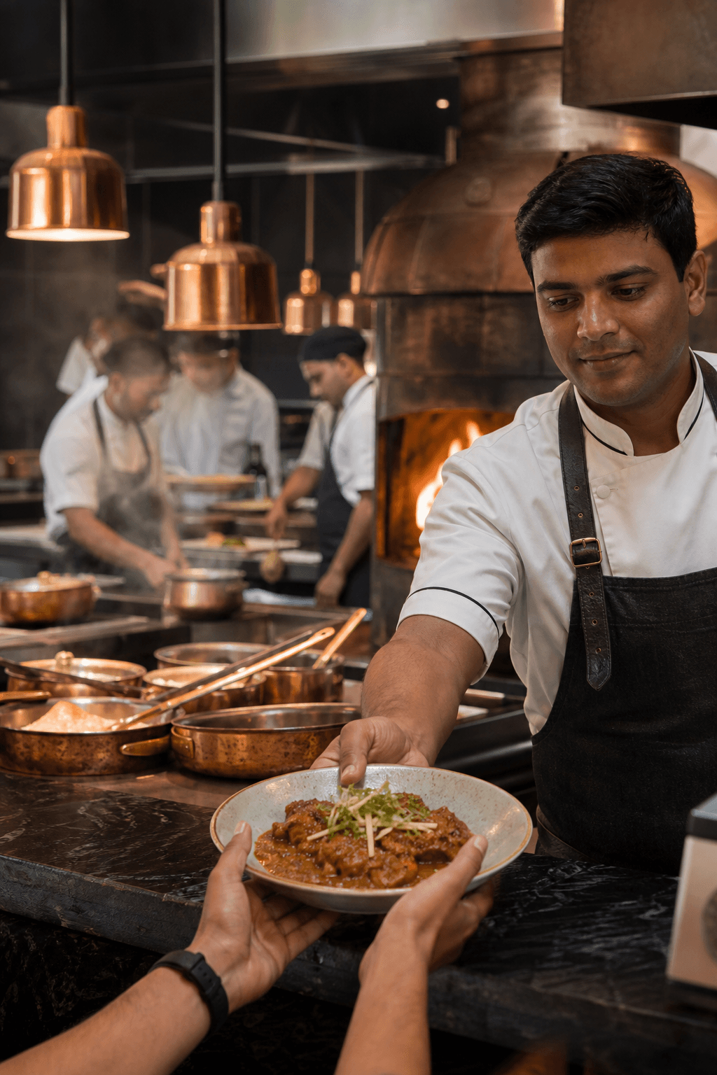 Open kitchen with chef plating dishes beside a tandoor