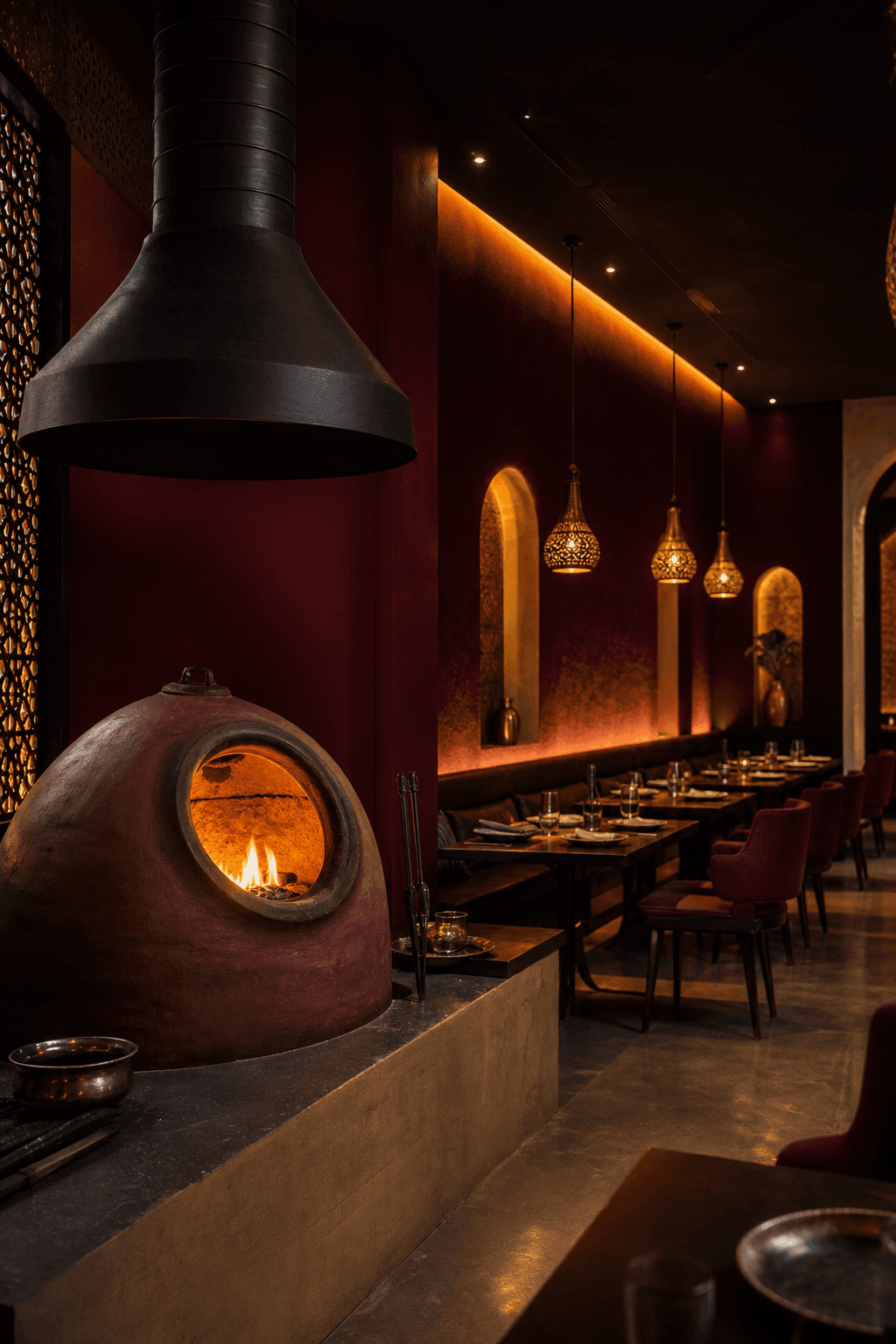 Glowing clay tandoor oven in a modern Indian restaurant kitchen