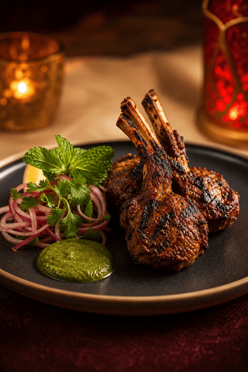 Charred tandoori lamb chops with mint chutney on a dark ceramic plate