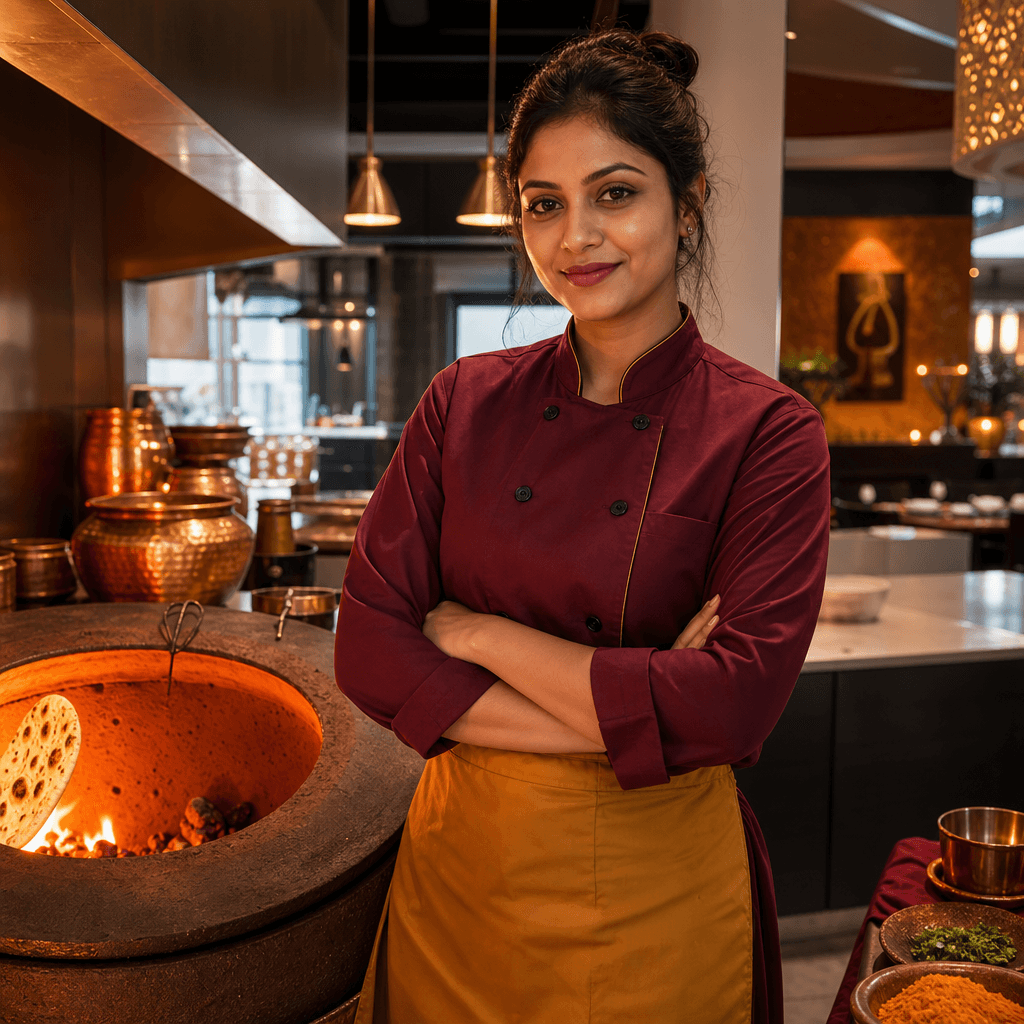 Chef Priya Sharma beside the tandoor in the Saffron and Stone kitchen