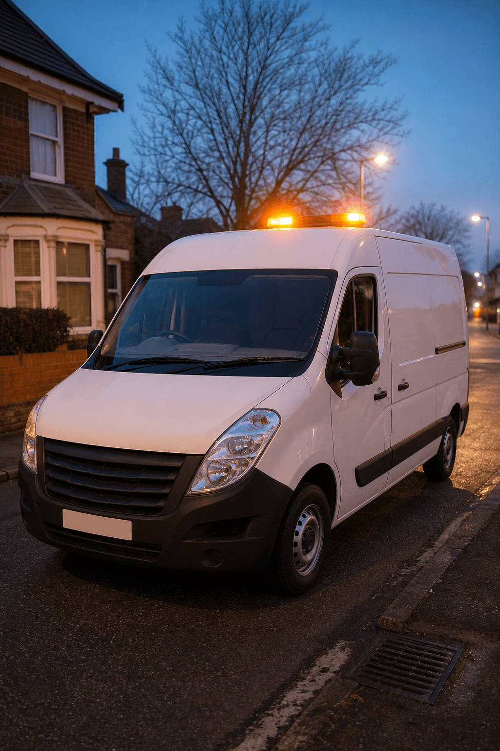 Emergency locksmith van on a UK street at dusk