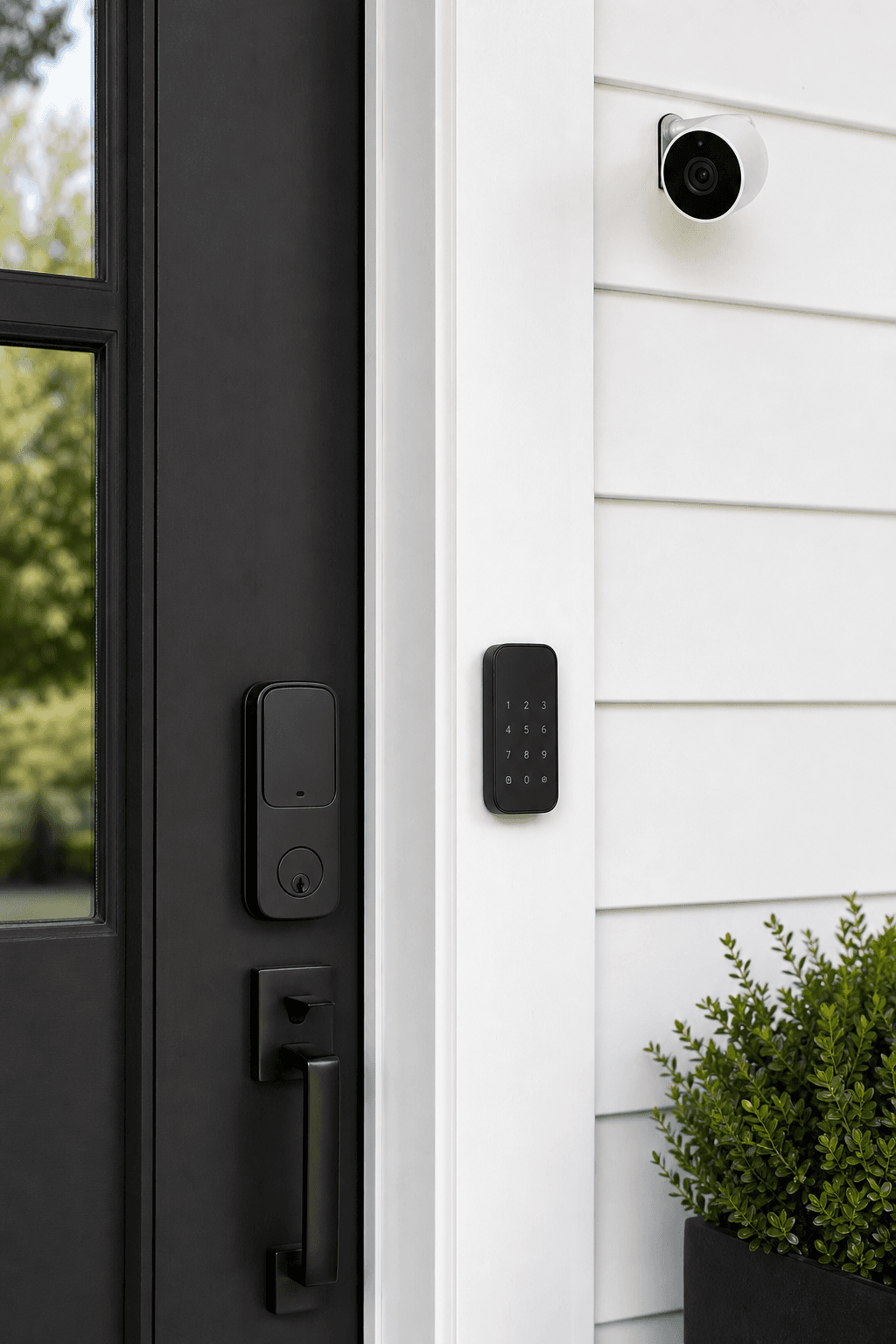 Modern home security setup with smart door lock and keypad