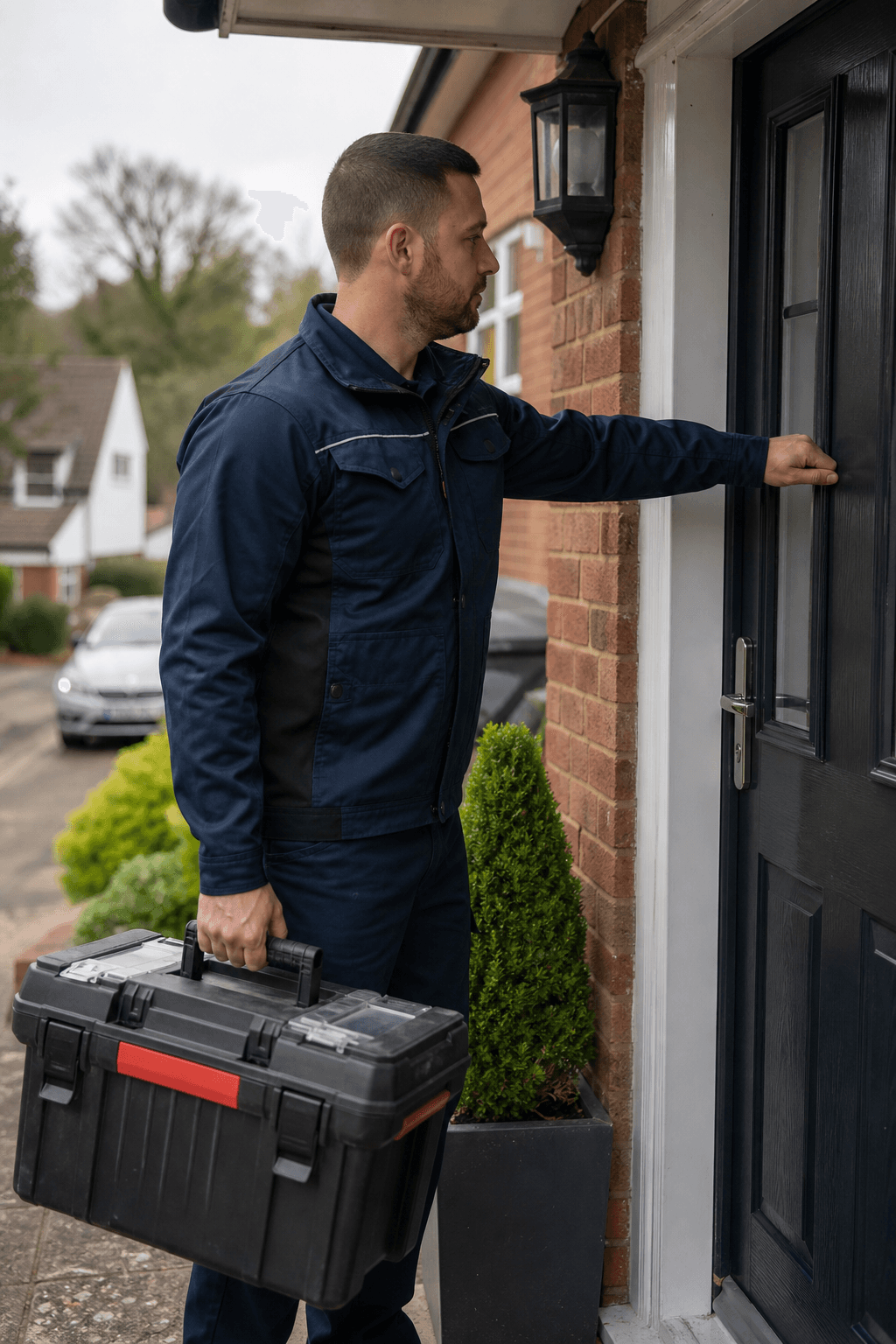 Trustworthy local locksmith arriving at a residential front door