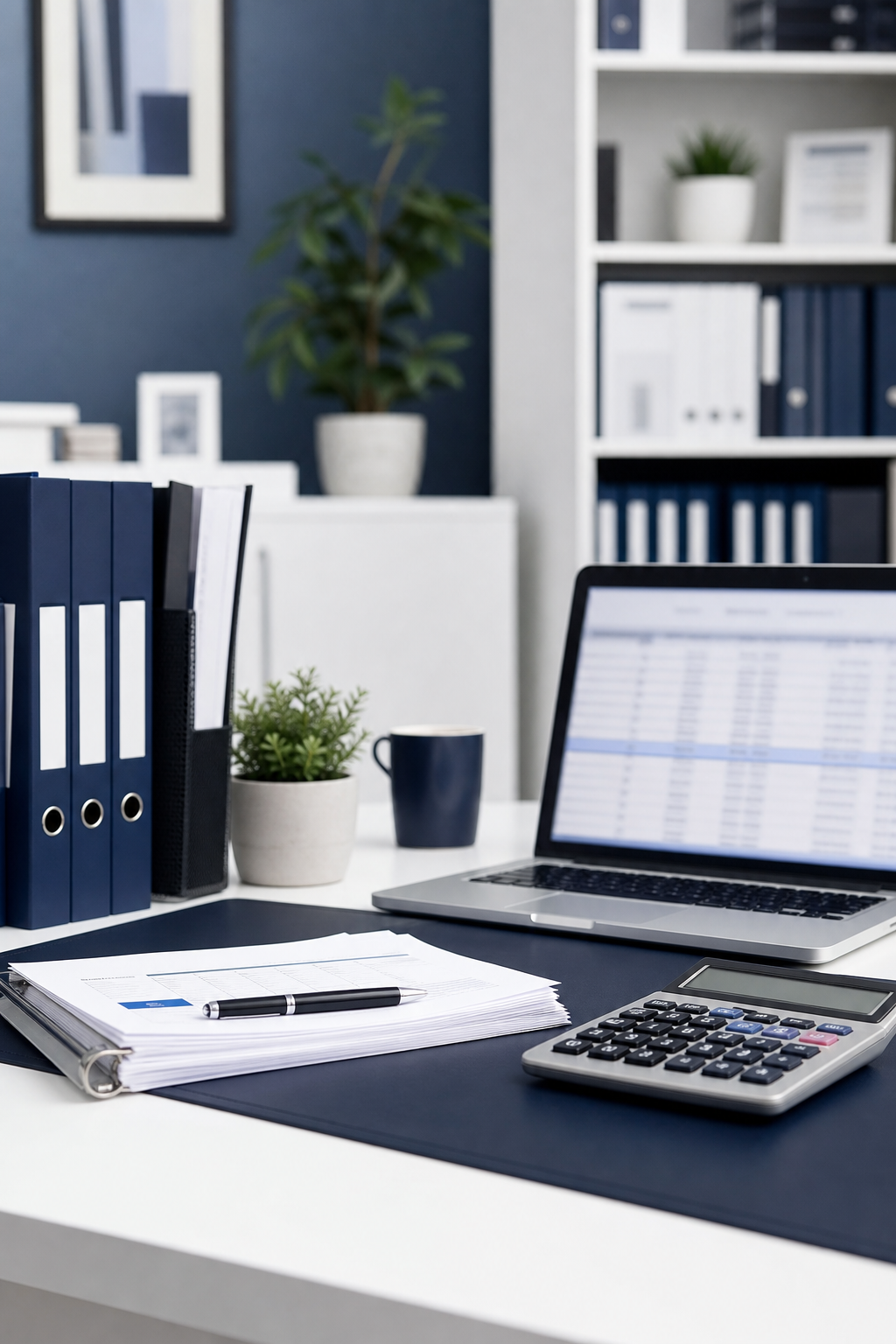 Clean modern accountancy office workspace with organized files and laptop