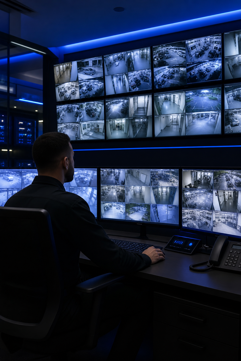 Professional security monitoring station with multiple camera feed screens
