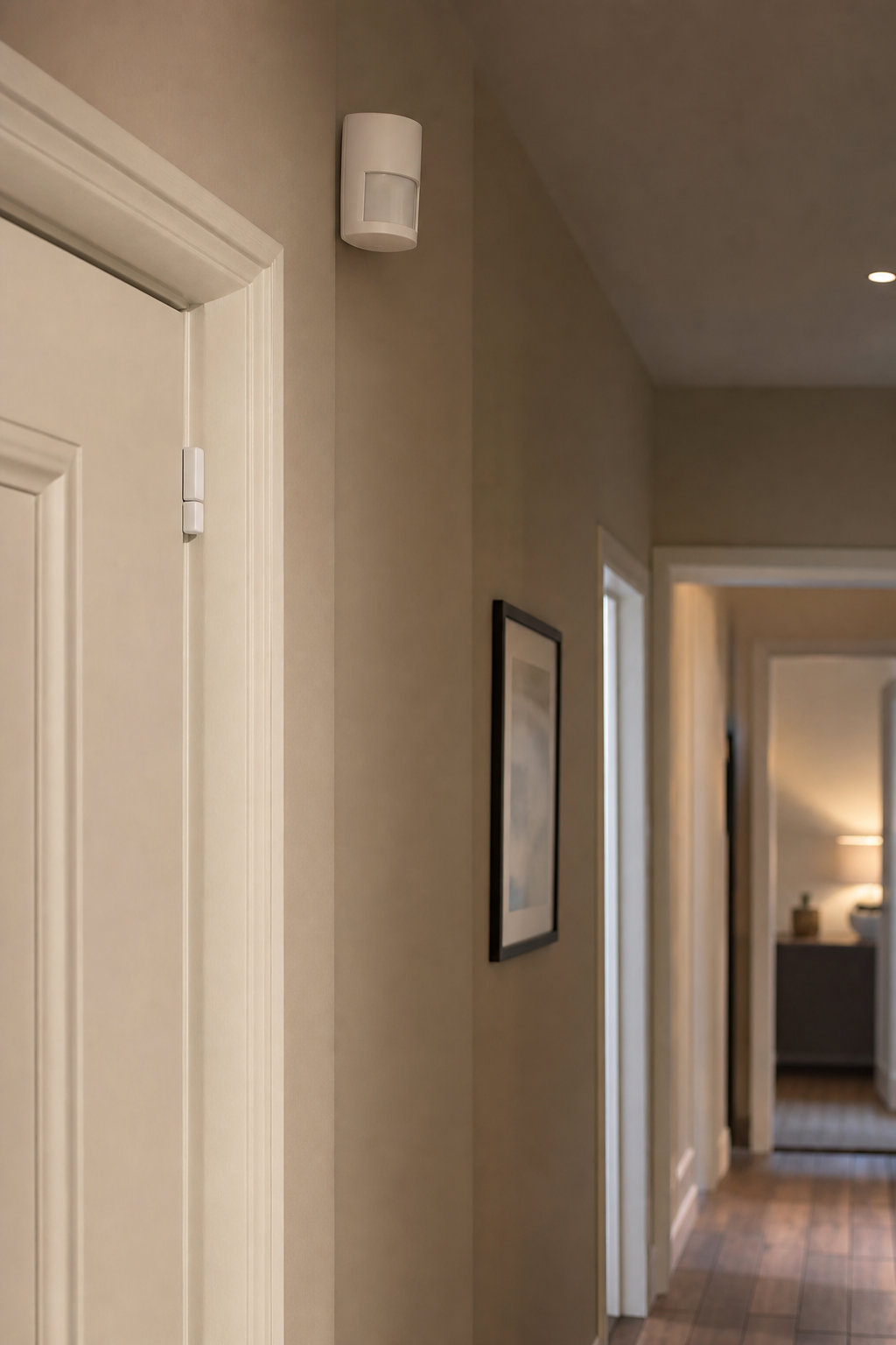 Residential intruder alarm with PIR sensor and door contact in a hallway