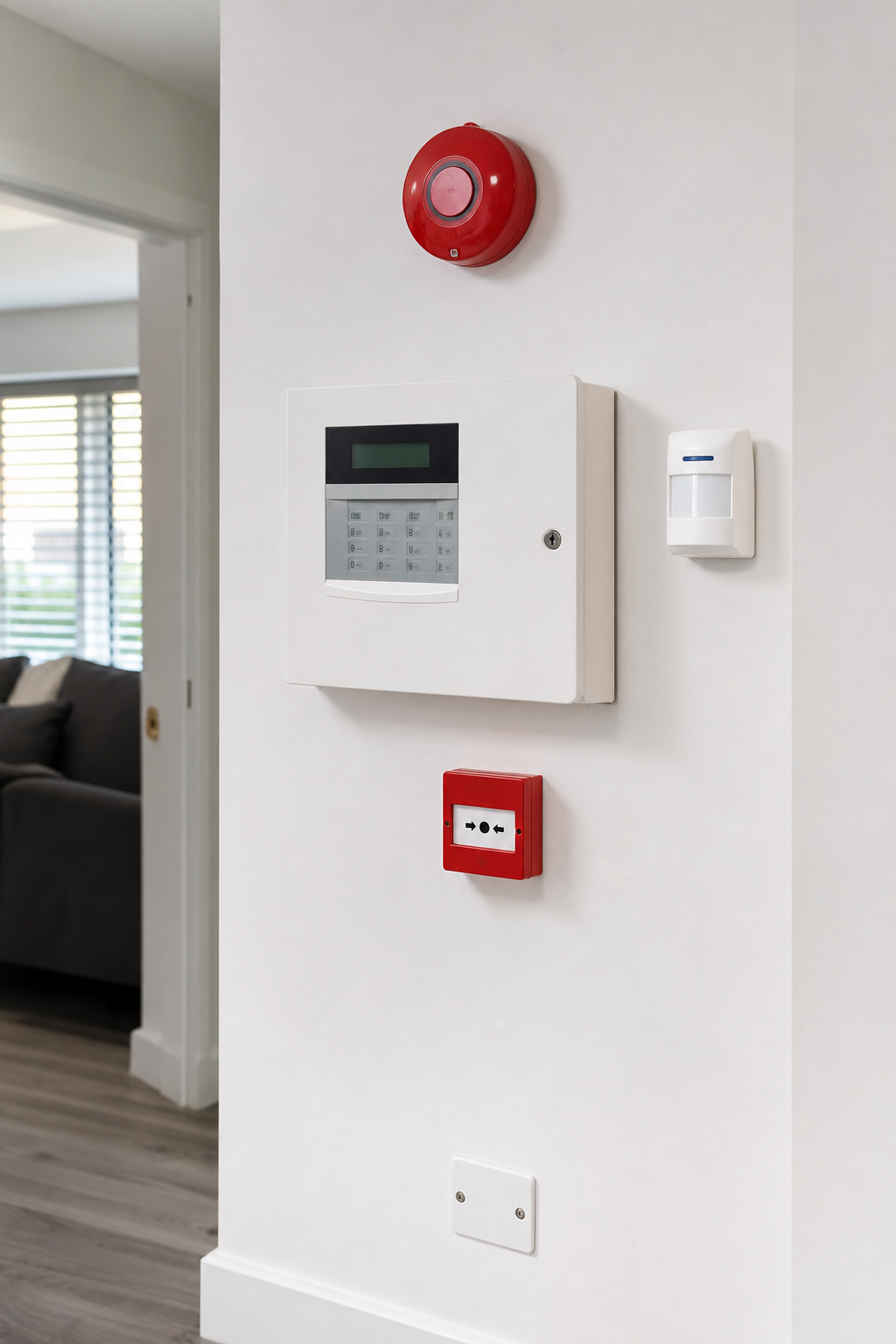 Fire and intruder alarm control panel professionally installed on a wall
