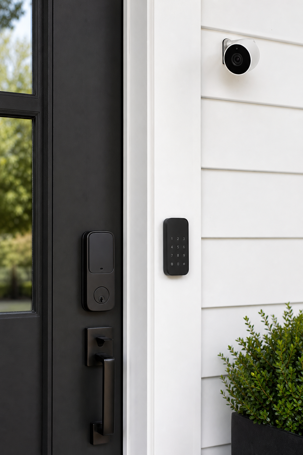 Modern home security setup with smart door lock and keypad